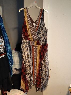 Sleeveless Asymmetrical Patchwork Dress in Rust, Mustard, Cream and Black
